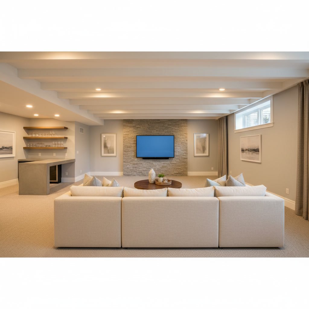 Finished basement with sectional sofa and recessed lighting in Warwick home