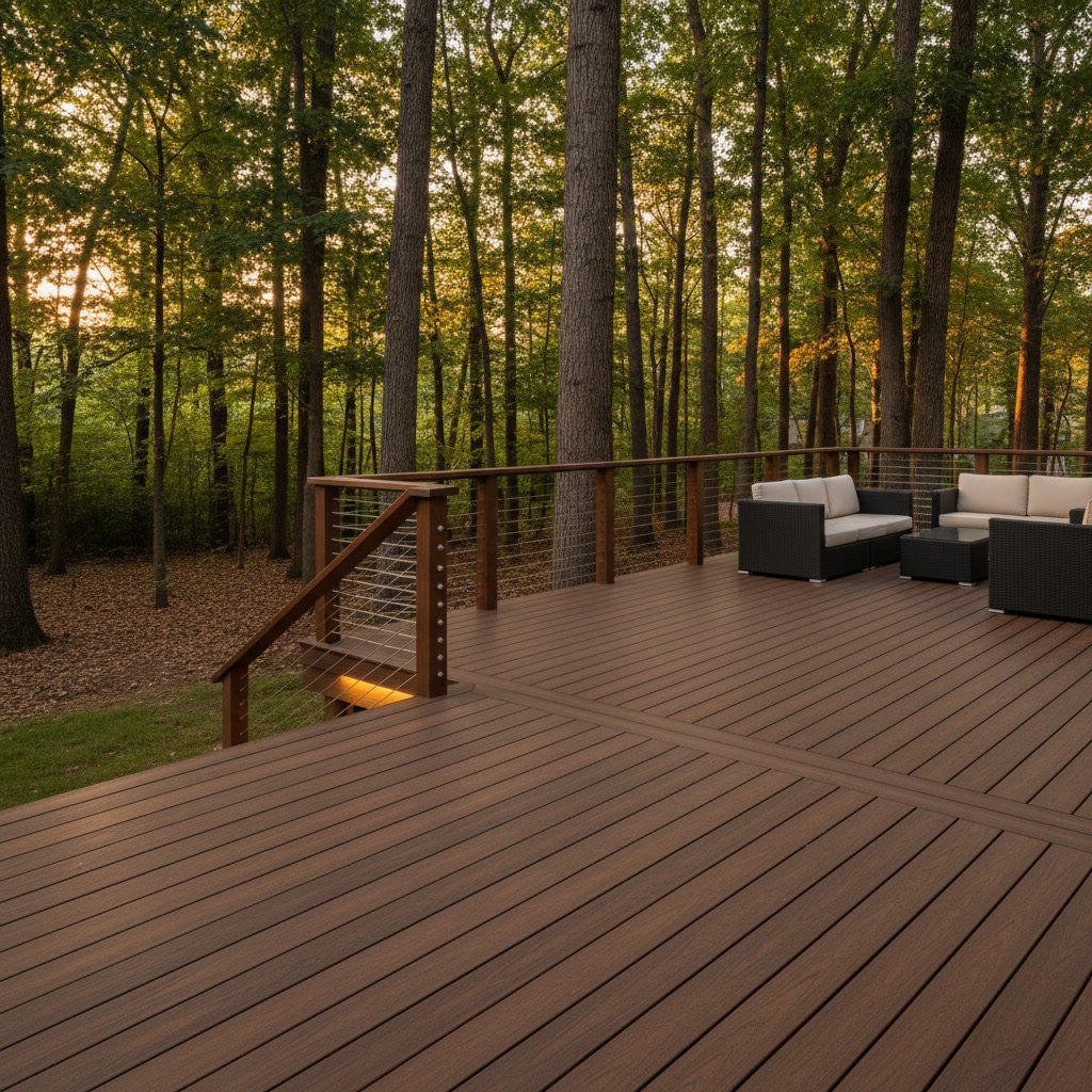 Composite deck with railing in wooded Sussex backyard during fall season