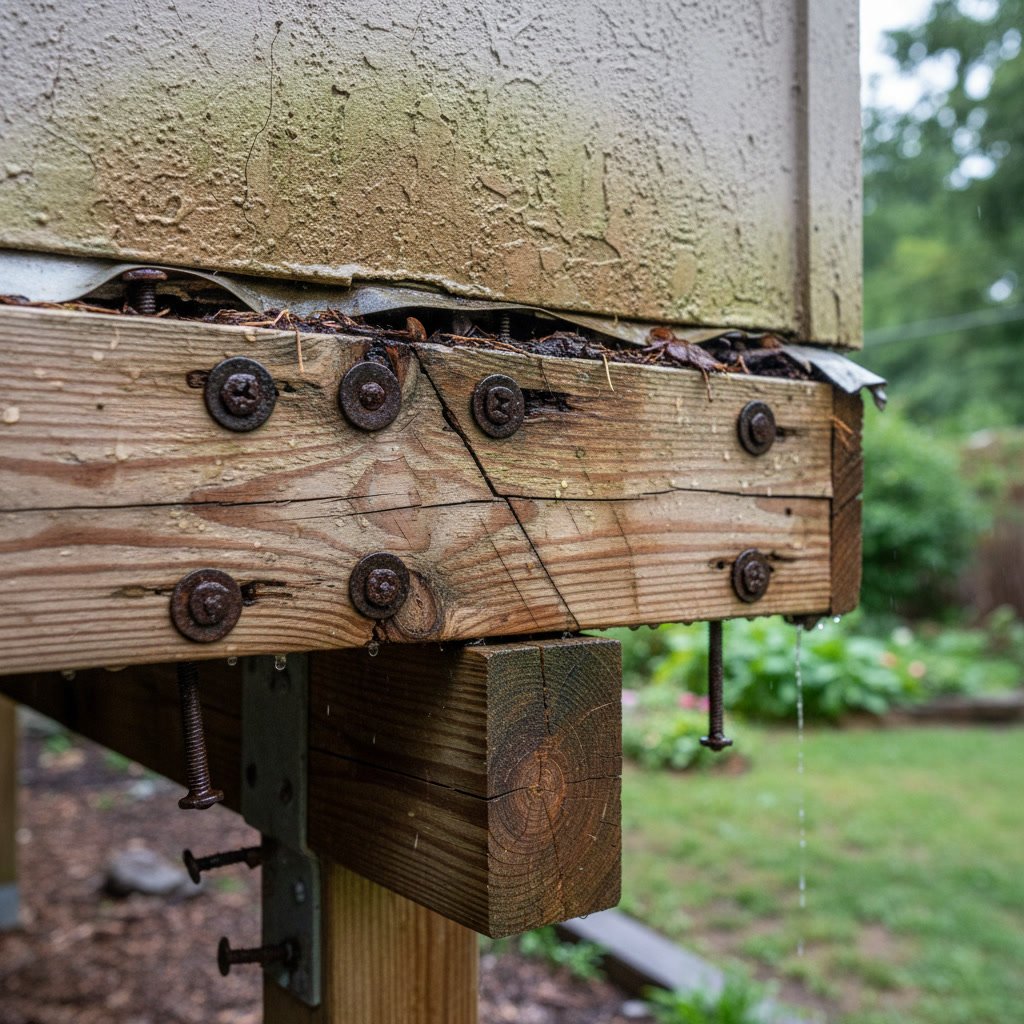 Close up view of rotting deck ledger board with water damage and corroded fasteners
