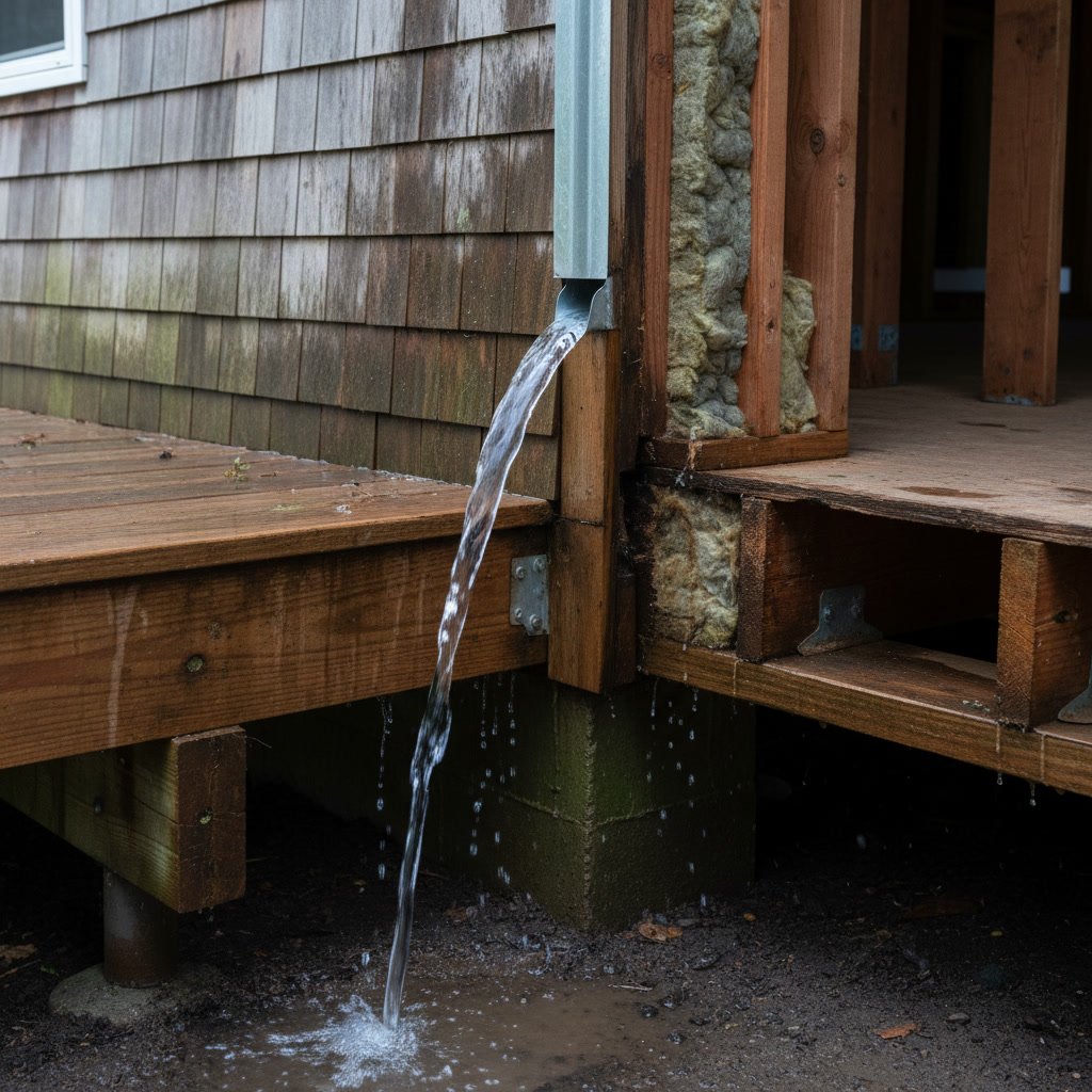 Metal deck flashing installed at ledger board connection point
