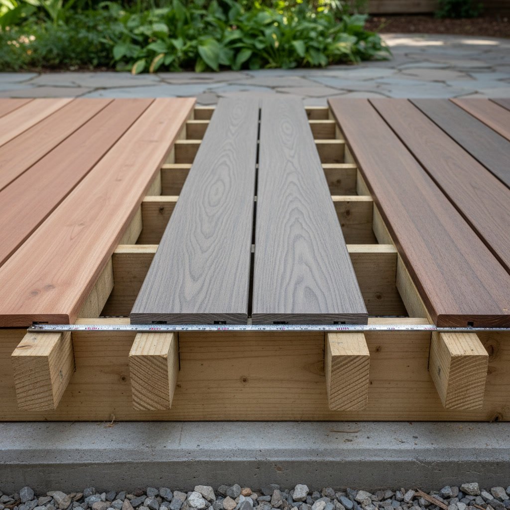 Close-up of deck joists spaced at 16 inches on center for composite decking