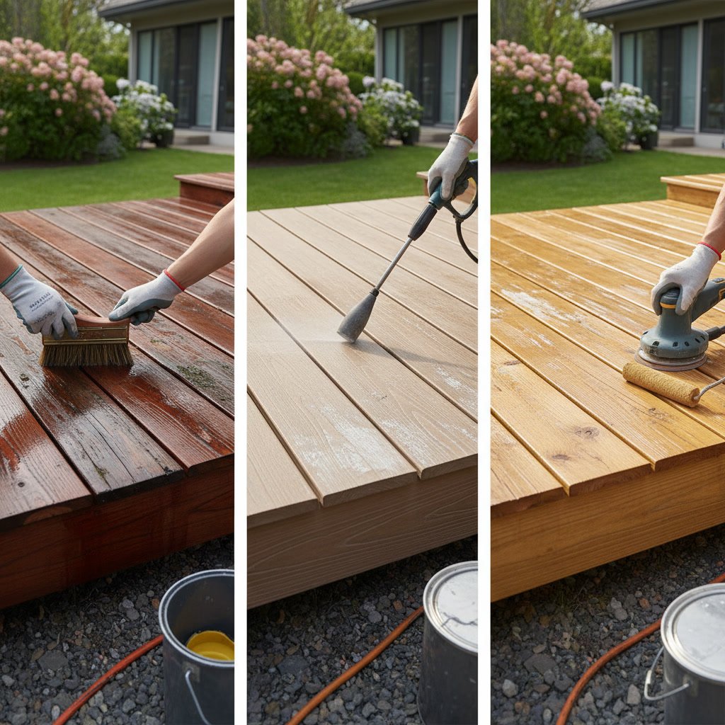 Side by side comparison of maintained and unmaintained deck materials