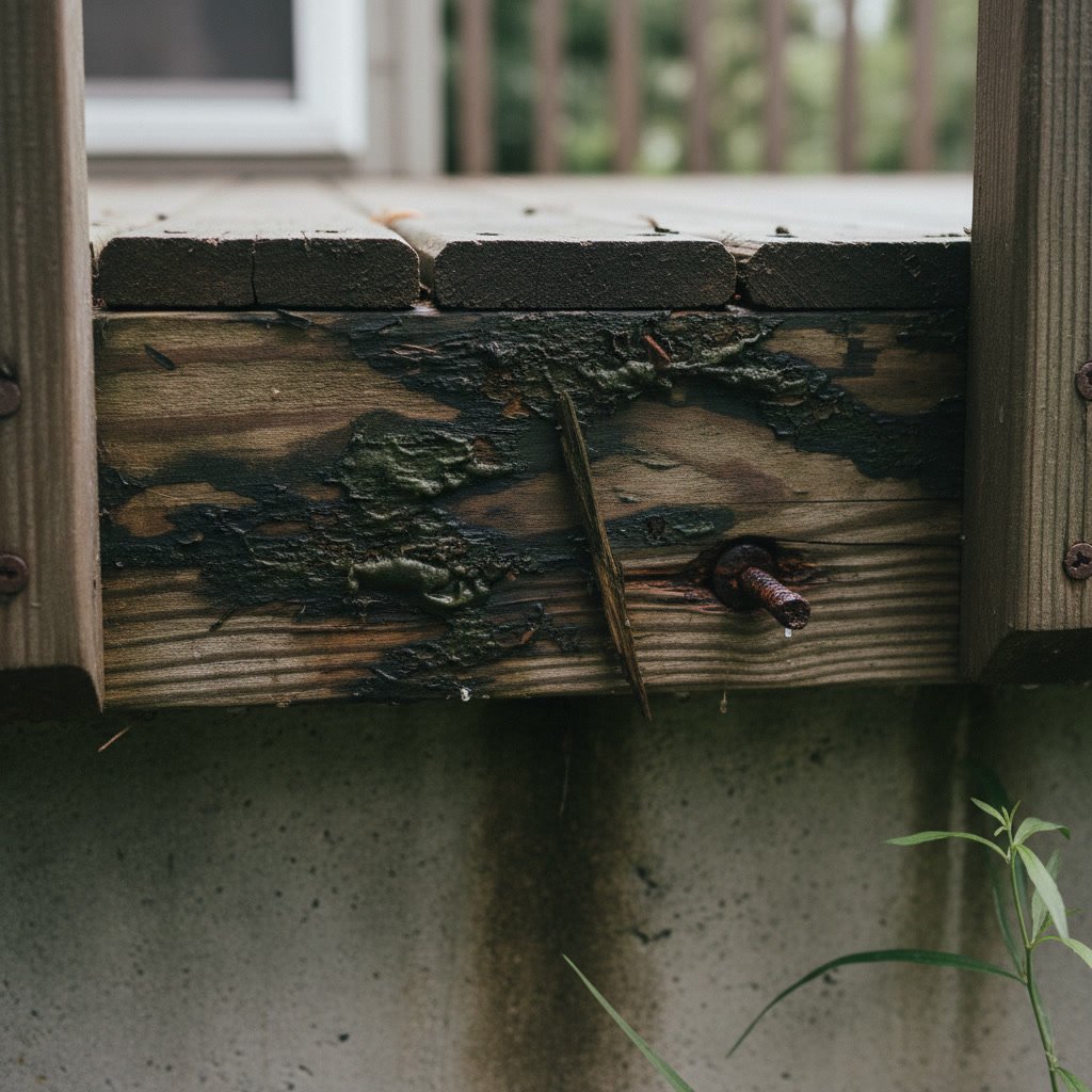 Professional contractor inspecting deck ledger board connection for structural damage