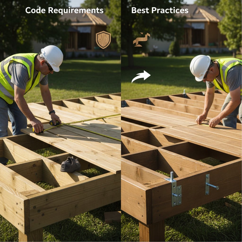 Diagram showing comparison between 12-inch and 16-inch deck joist spacing patterns