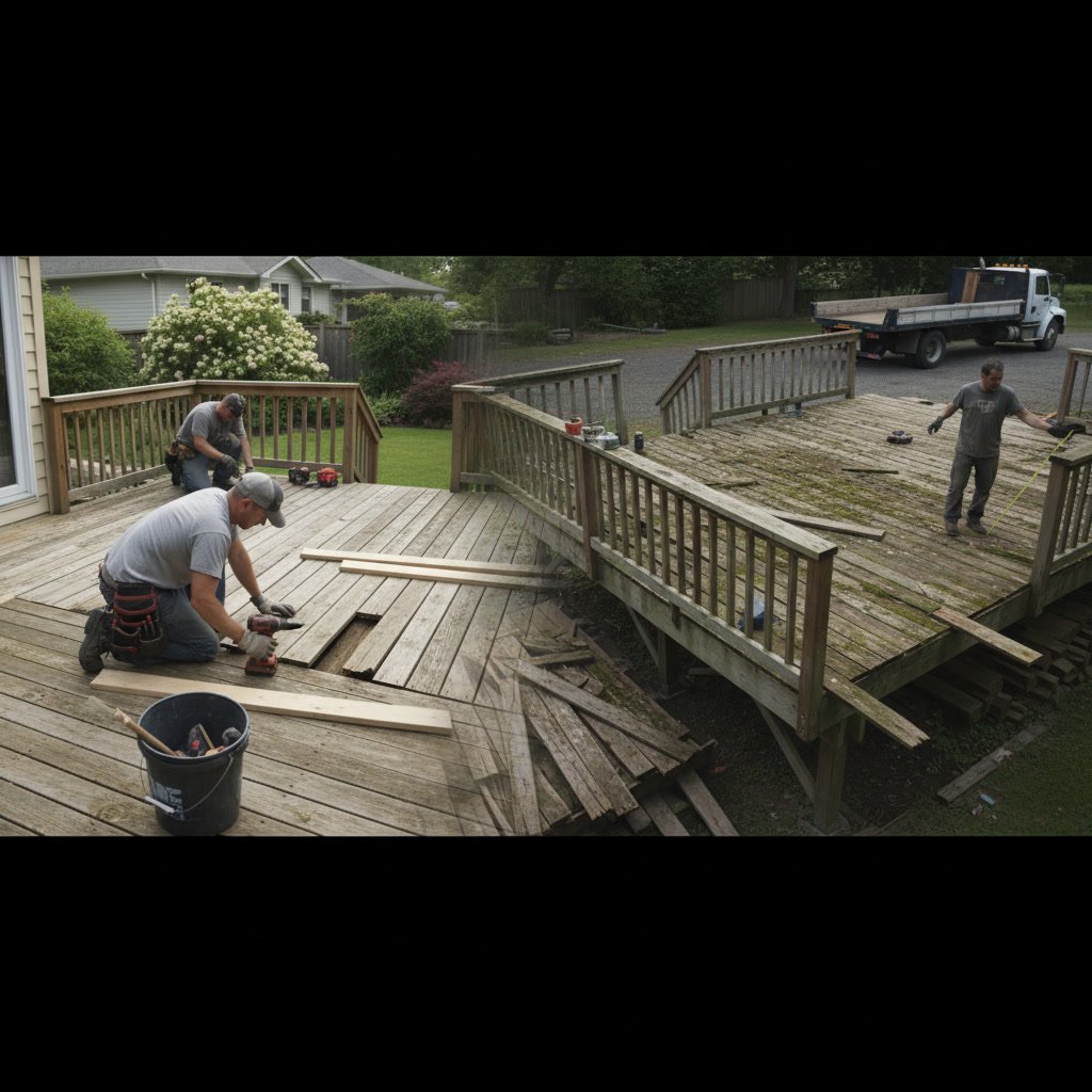 Professional contractor replacing damaged deck boards and reinforcing joists
