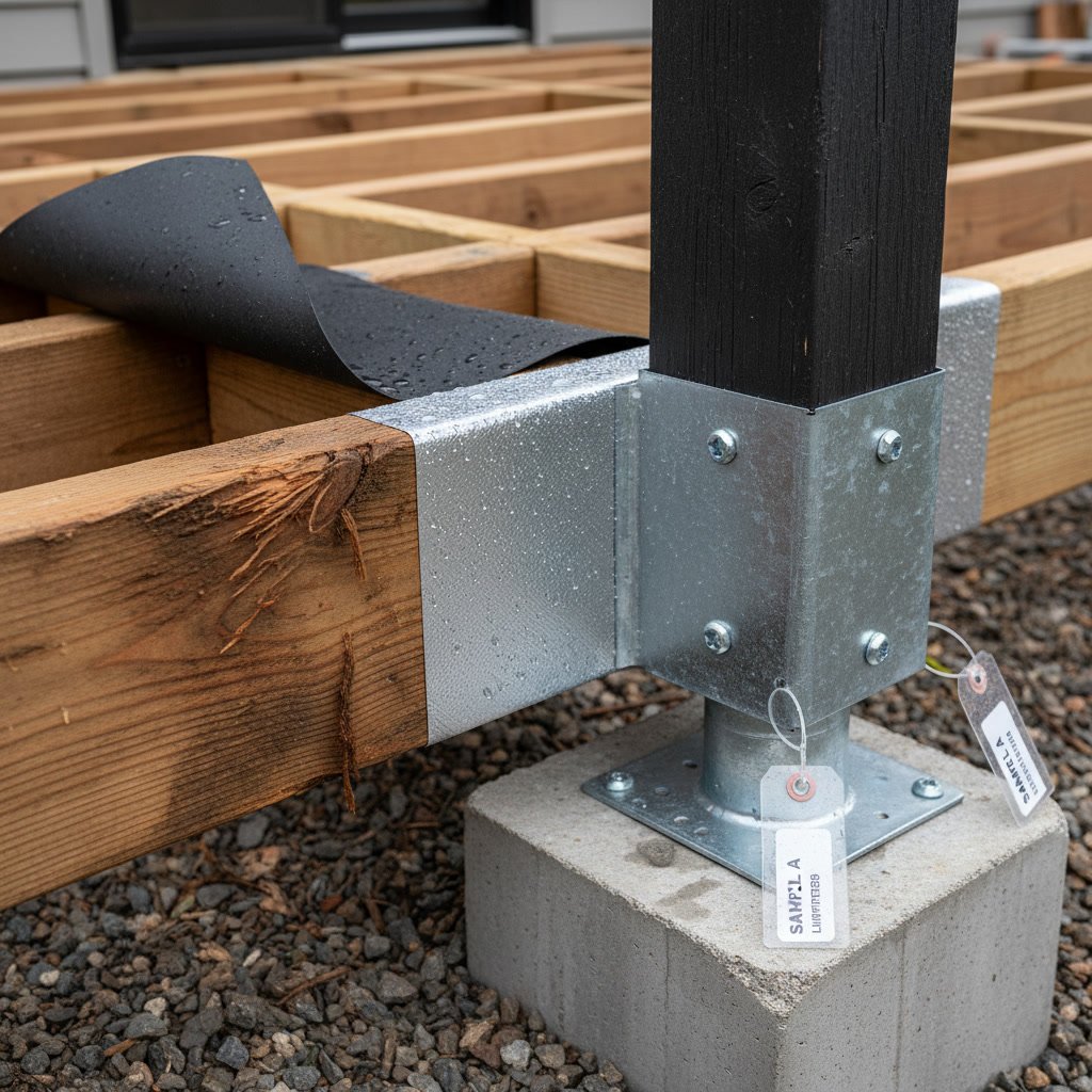 Close-up of properly installed deck flashing protecting ledger board
