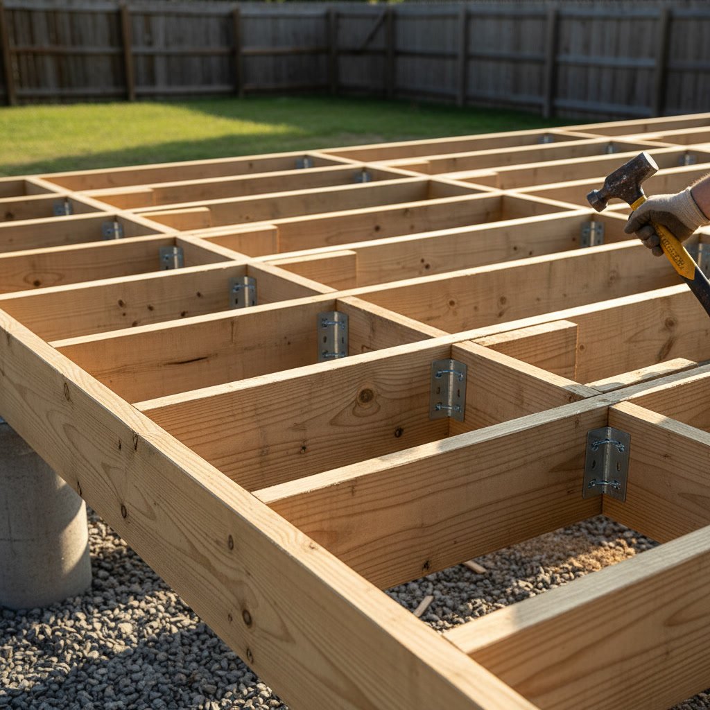 Professional deck builder measuring joist spacing during construction