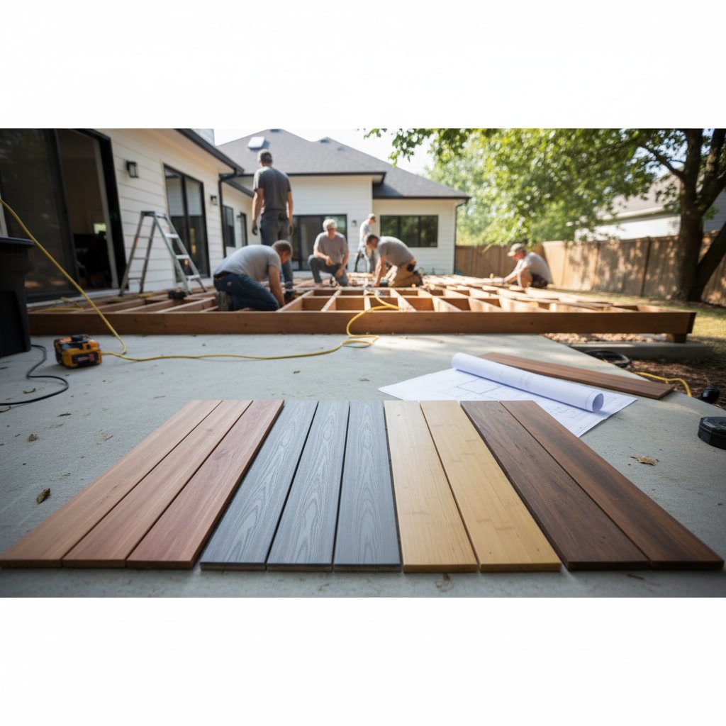 Modern outdoor deck showcasing different decking material samples and textures
