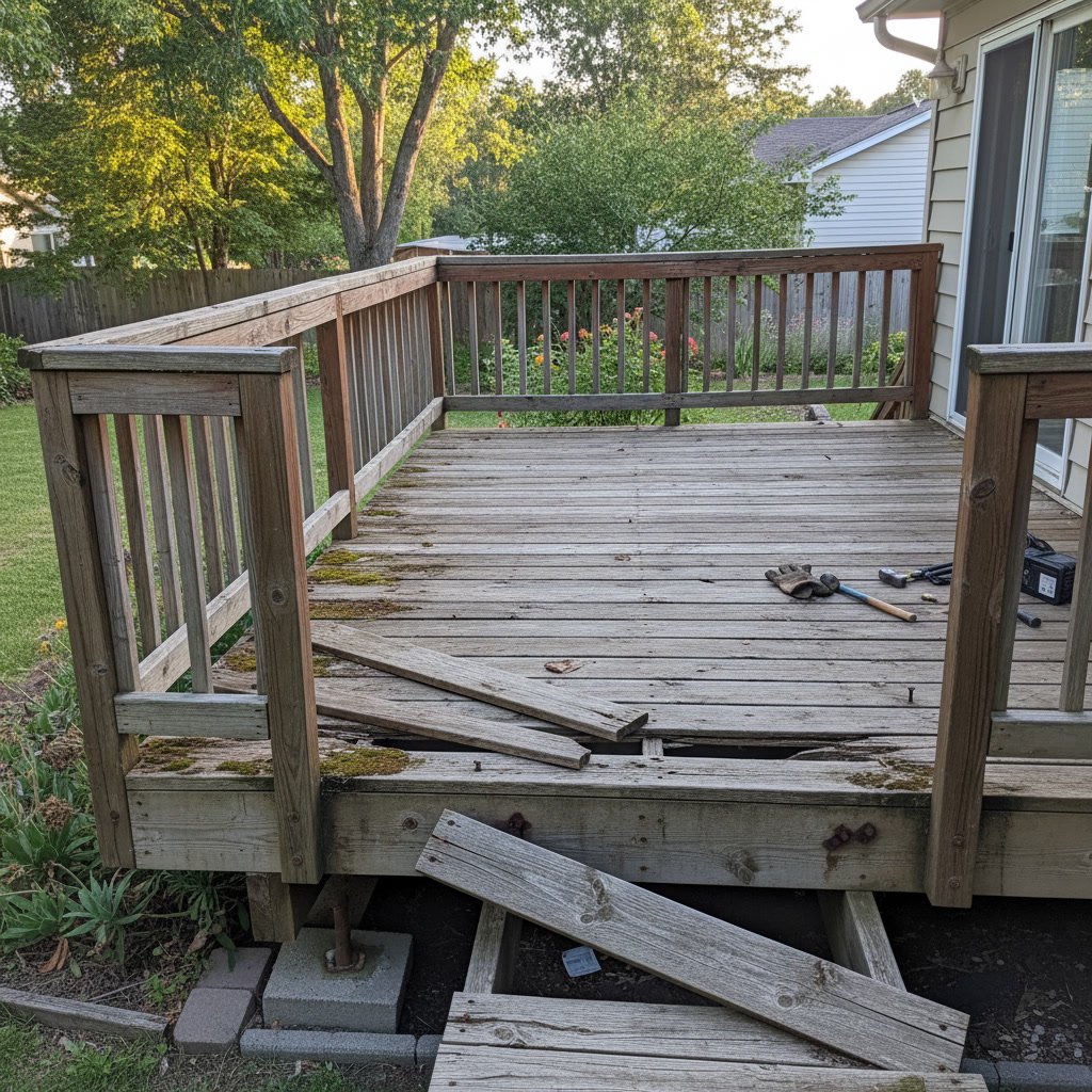 Professional deck inspection showing deteriorating boards and structural elements