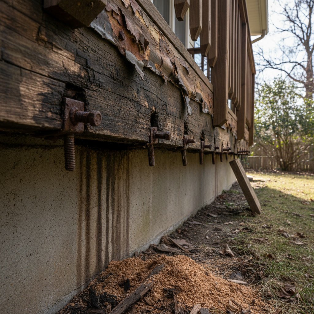 Deck ledger board attached to house showing proper installation and connection details
