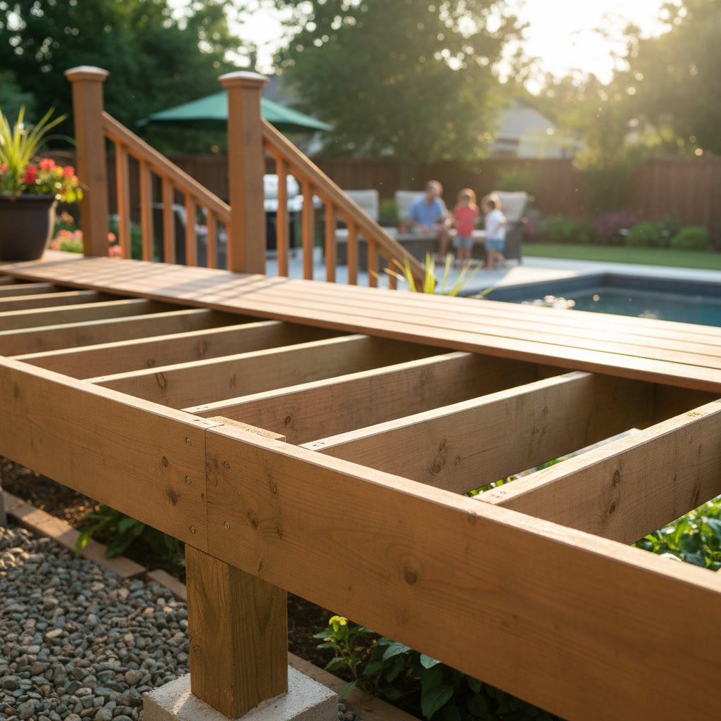 Wooden deck frame showing proper joist spacing and structural support