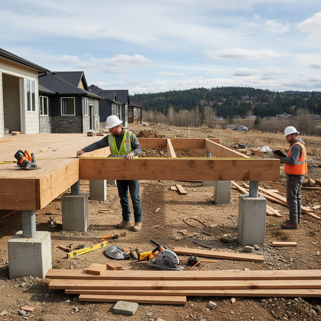 Deck beam spanning between support posts with joists resting on top