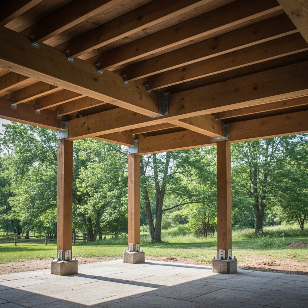 Properly sized deck beam supported by concrete footings and galvanized post caps