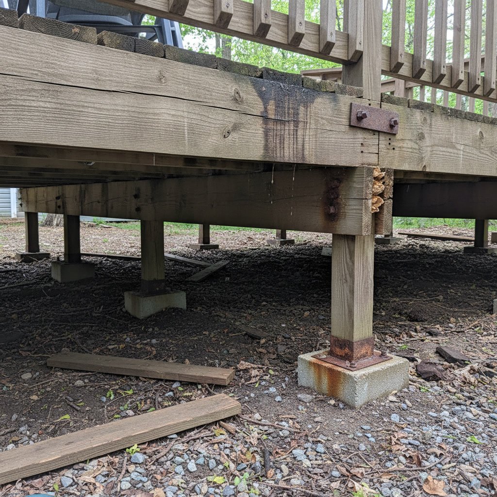 Deck construction showing proper footing and beam installation for maximum load capacity