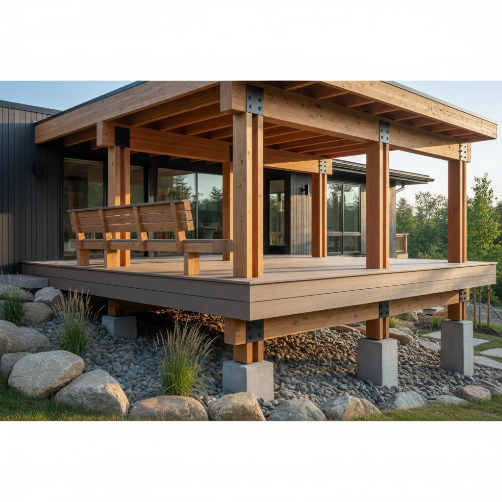 Cantilevered deck beam extending beyond support post with proper metal hardware