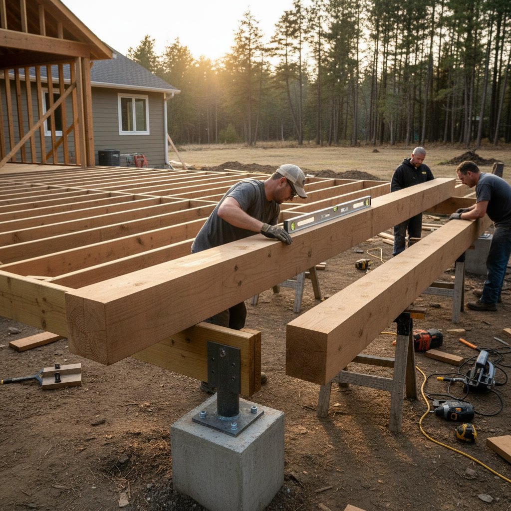 Deck beam structure showing proper sizing and support posts for load capacity
